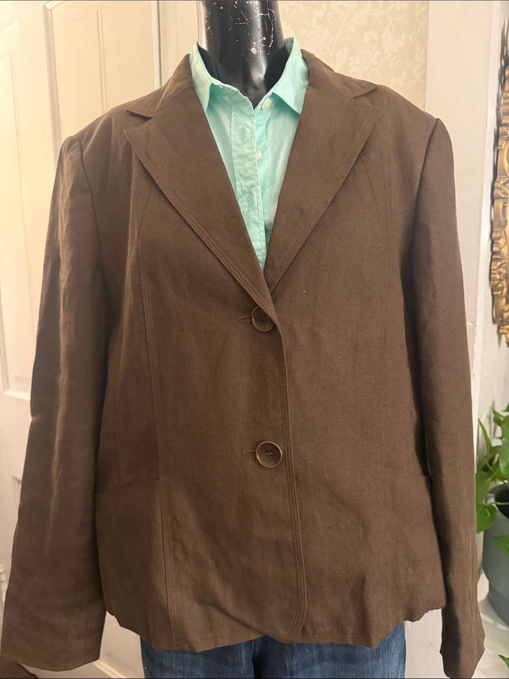 Talbots Chocolate Brown Irish Linen 2 Button Fully Lined Blazer 16